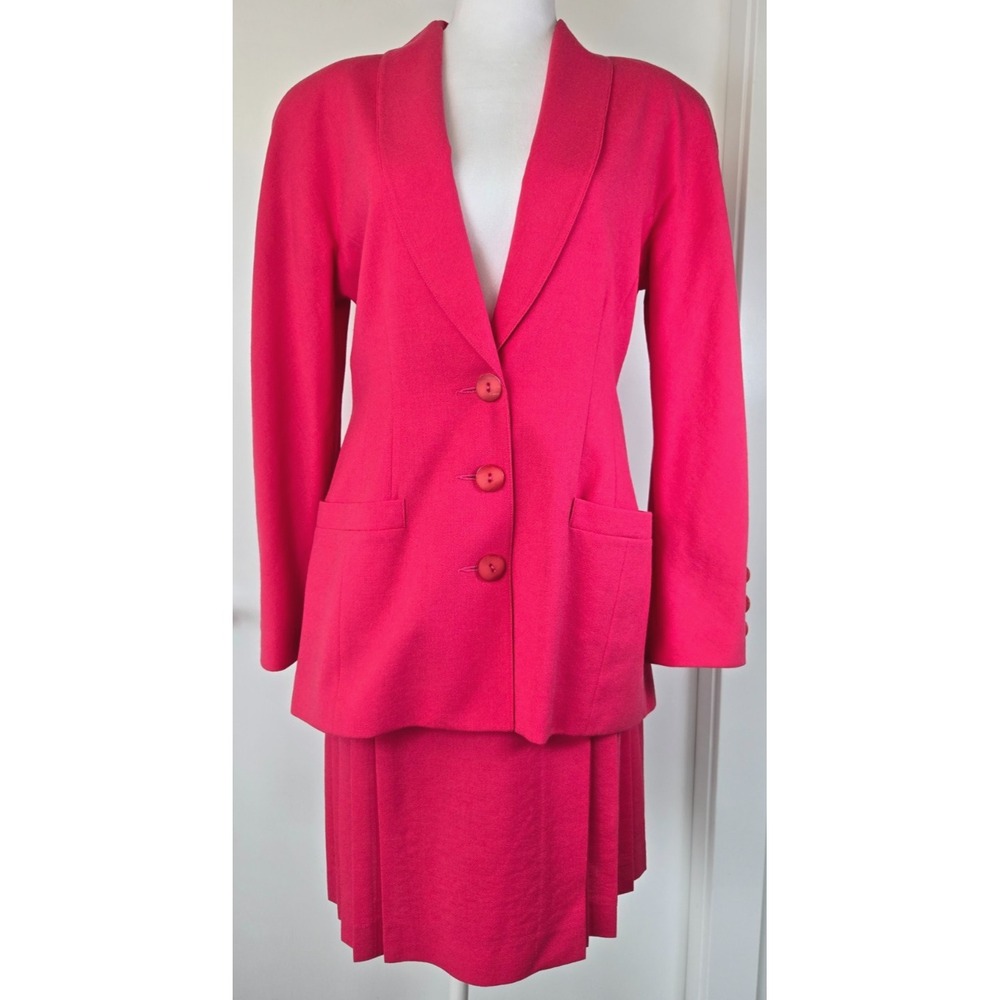 Vintage 80s devonshirecream Power Shoulder Blazer Suit Pleated Skirt Set Pink